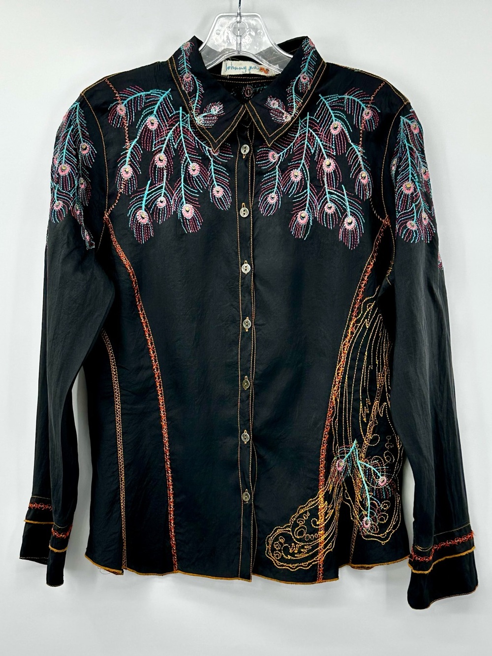 Johnny Was Black Western Embroidered Peacock Feather Blouse size M